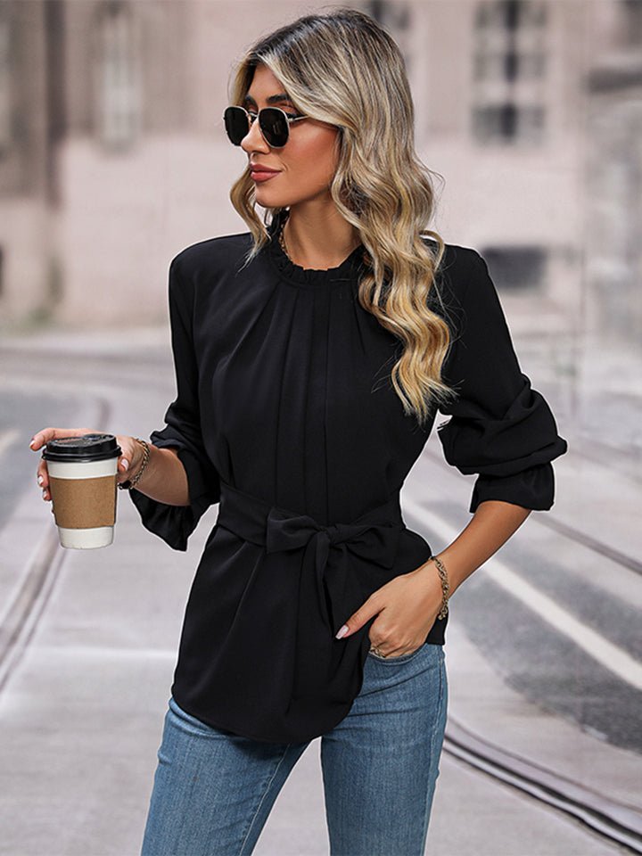 Round Neck Tie Waist Long Sleeve Blouse - Blue Verve Boutique