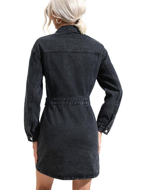 Buttoned Collared Neck Denim Mini Dress - Blue Verve Boutique