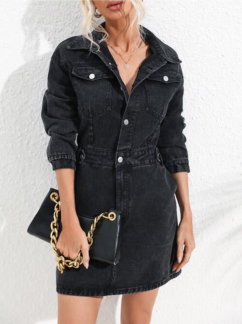 Buttoned Collared Neck Denim Mini Dress - Blue Verve Boutique
