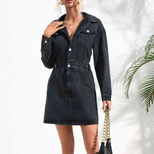 Buttoned Collared Neck Denim Mini Dress - Blue Verve Boutique