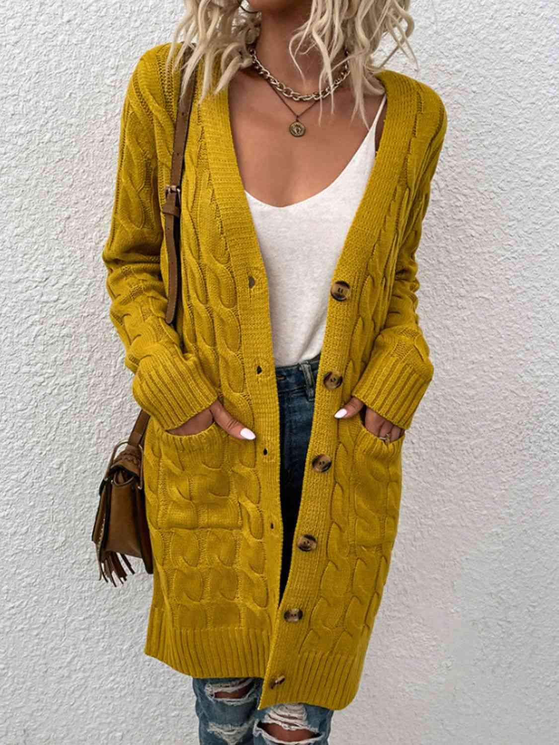Cable-Knit Button Down Cardigan with Pockets - Blue Verve Boutique