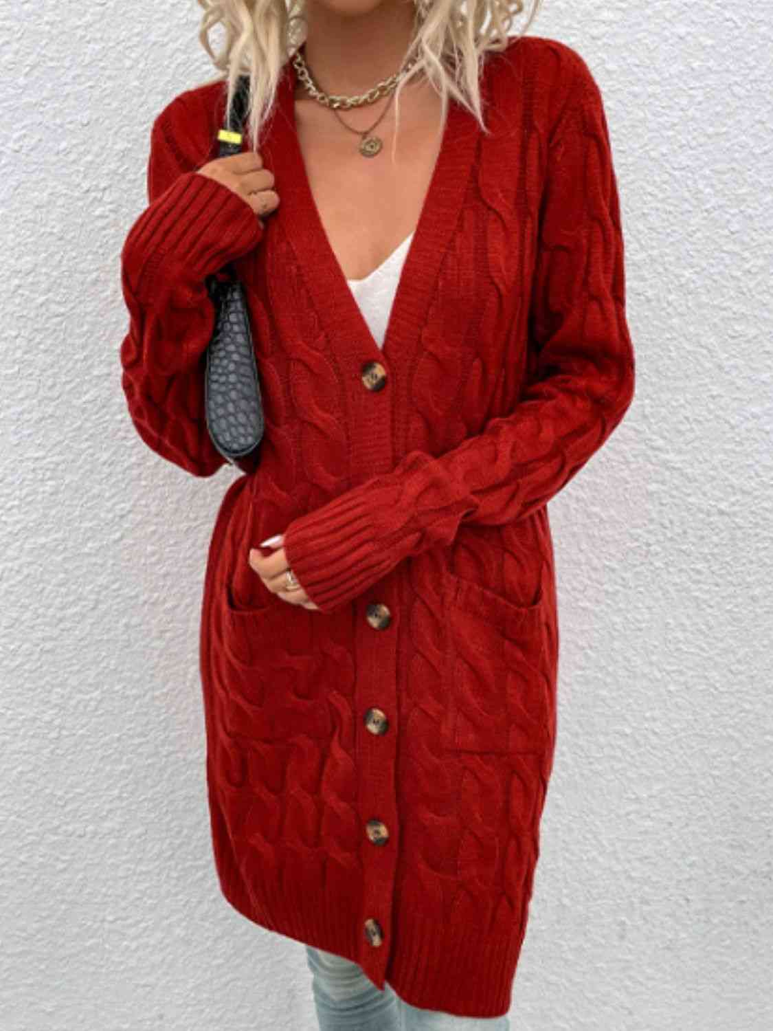 Cable-Knit Button Down Cardigan with Pockets - Blue Verve Boutique