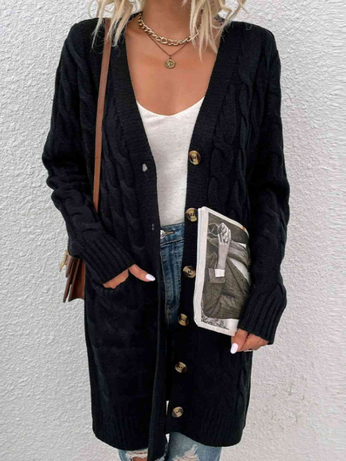Cable-Knit Button Down Cardigan with Pockets - Blue Verve Boutique