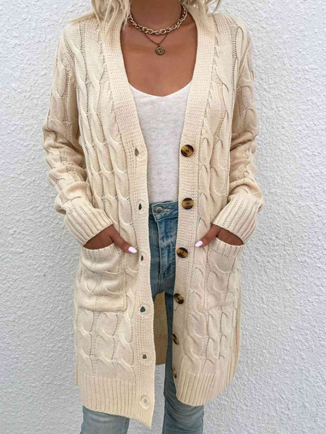 Cable-Knit Button Down Cardigan with Pockets - Blue Verve Boutique