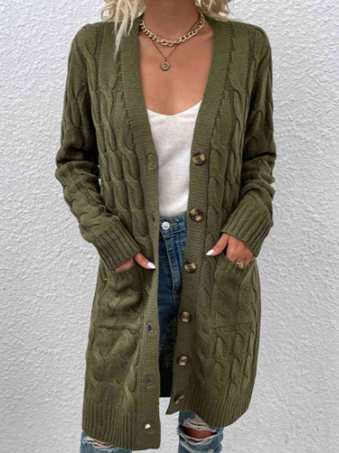 Cable-Knit Button Down Cardigan with Pockets - Blue Verve Boutique