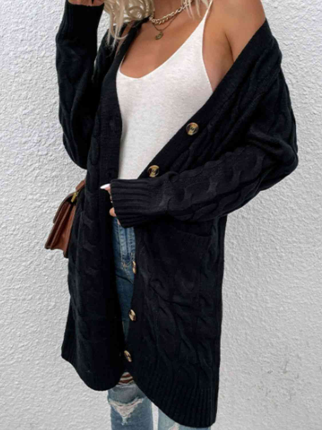 Cable-Knit Button Down Cardigan with Pockets - Blue Verve Boutique