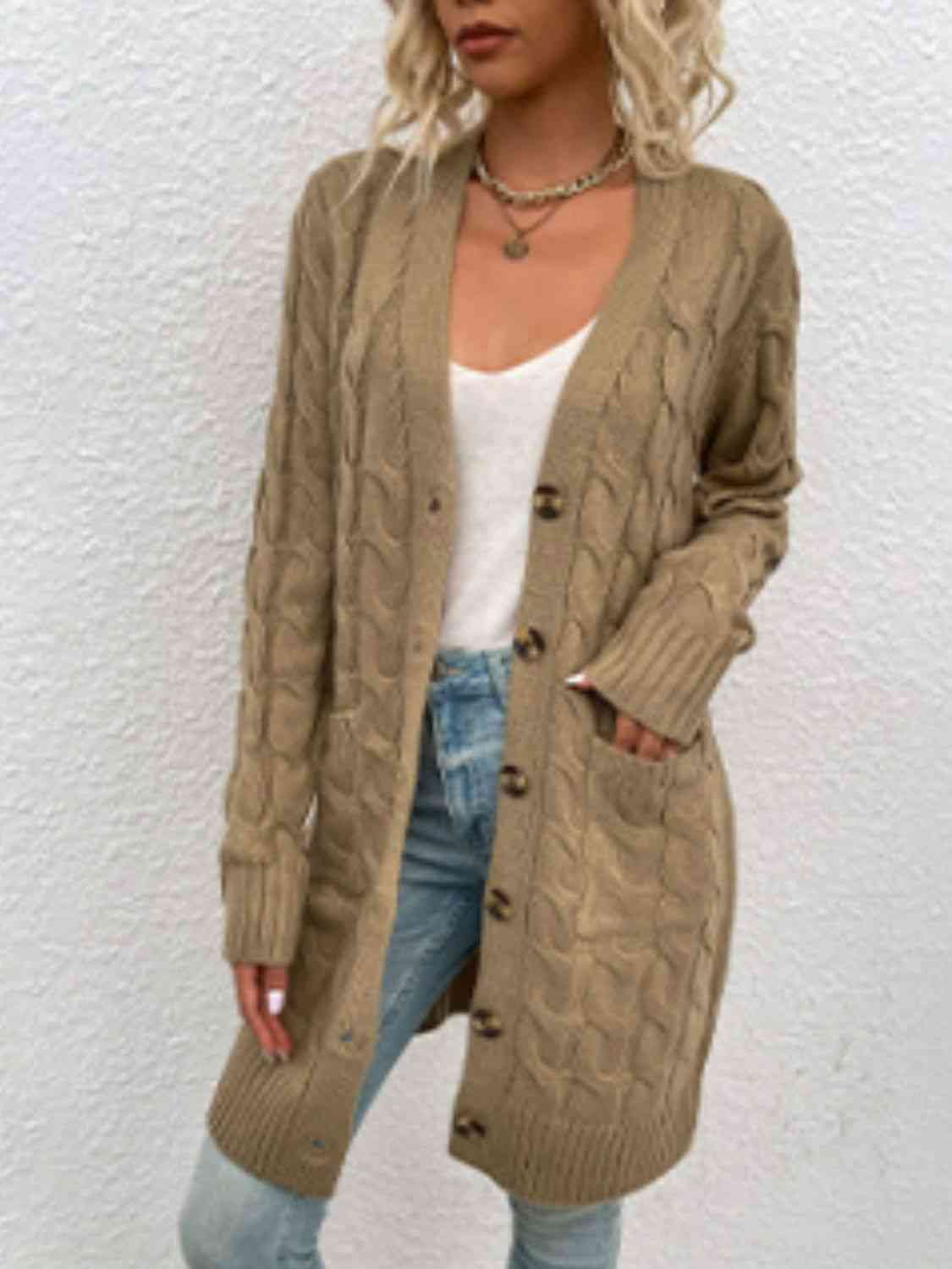 Cable-Knit Button Down Cardigan with Pockets - Blue Verve Boutique