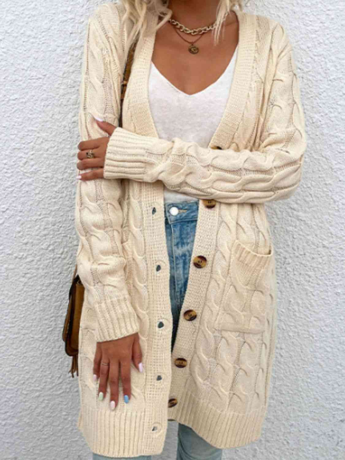 Cable-Knit Button Down Cardigan with Pockets - Blue Verve Boutique