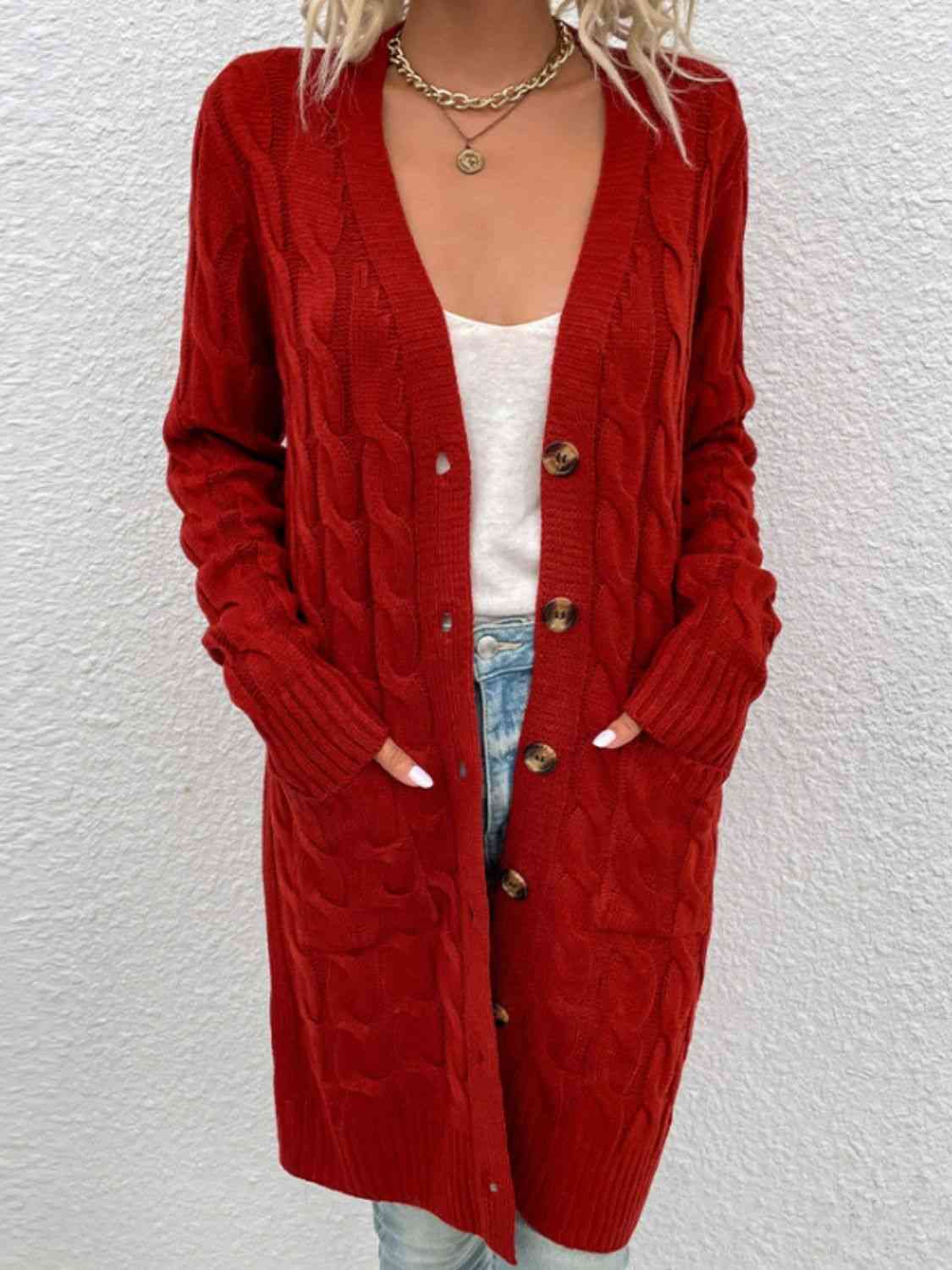 Cable-Knit Button Down Cardigan with Pockets - Blue Verve Boutique