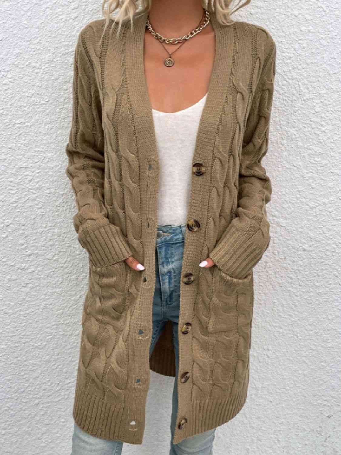 Cable-Knit Button Down Cardigan with Pockets - Blue Verve Boutique