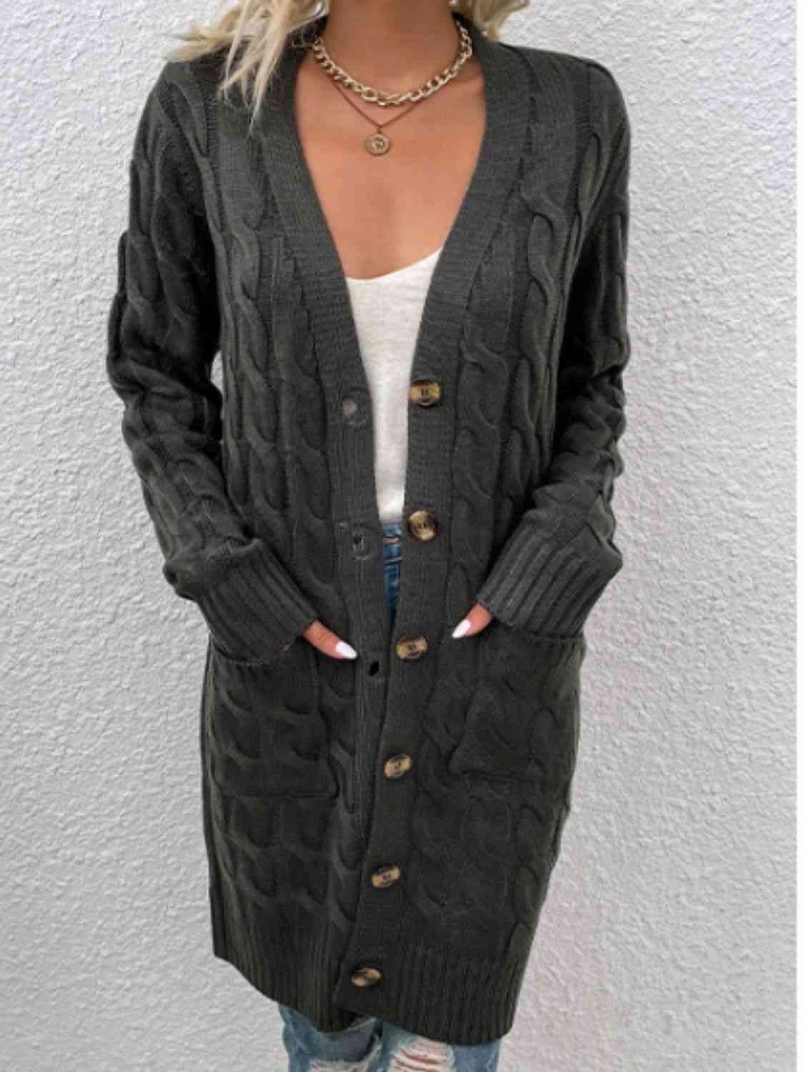 Cable-Knit Button Down Cardigan with Pockets - Blue Verve Boutique