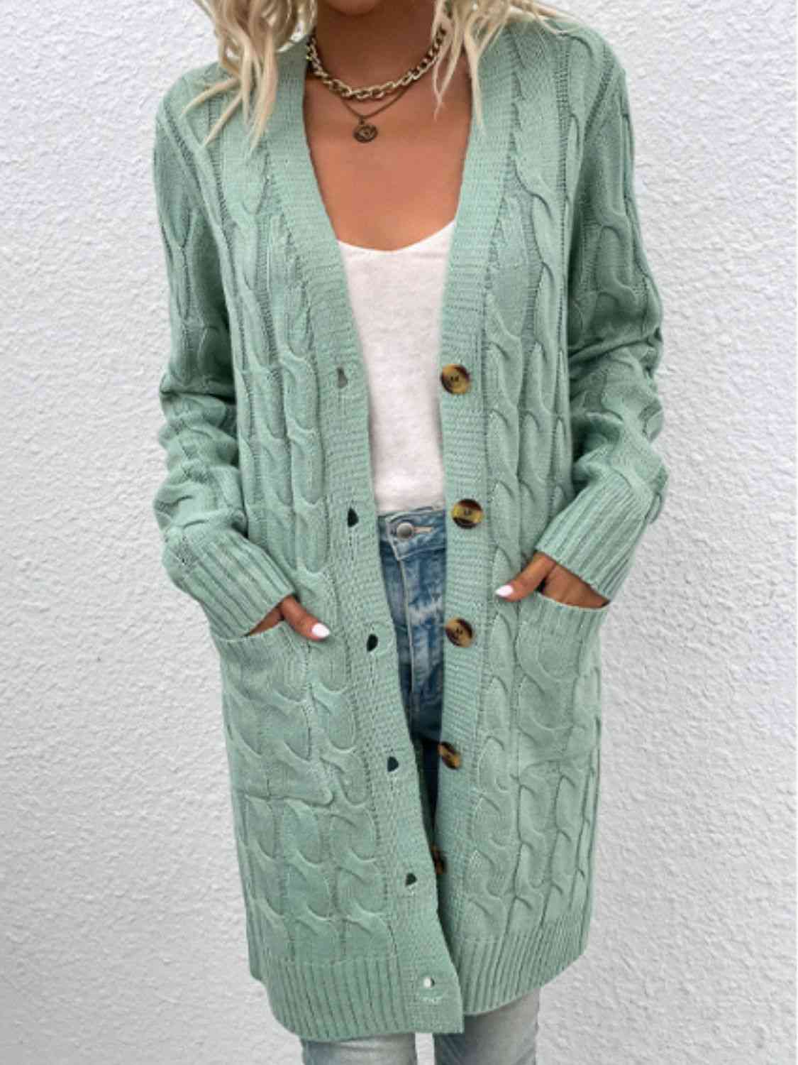 Cable-Knit Button Down Cardigan with Pockets - Blue Verve Boutique