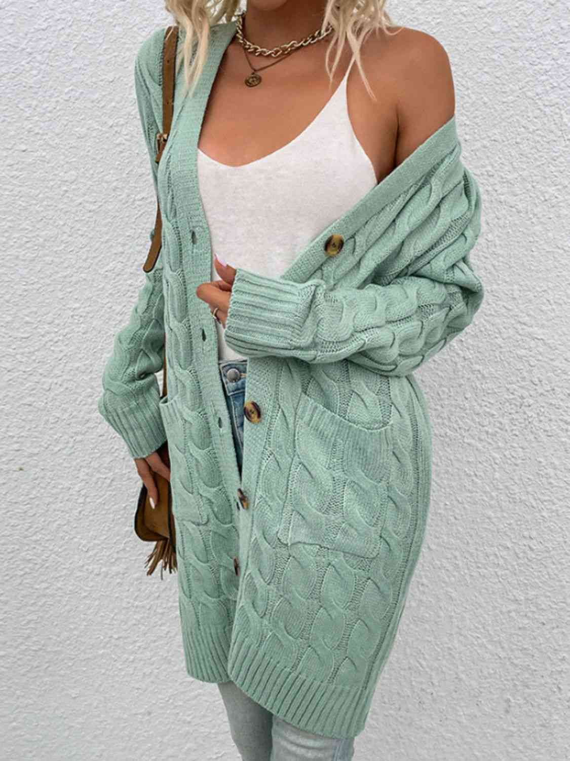 Cable-Knit Button Down Cardigan with Pockets - Blue Verve Boutique
