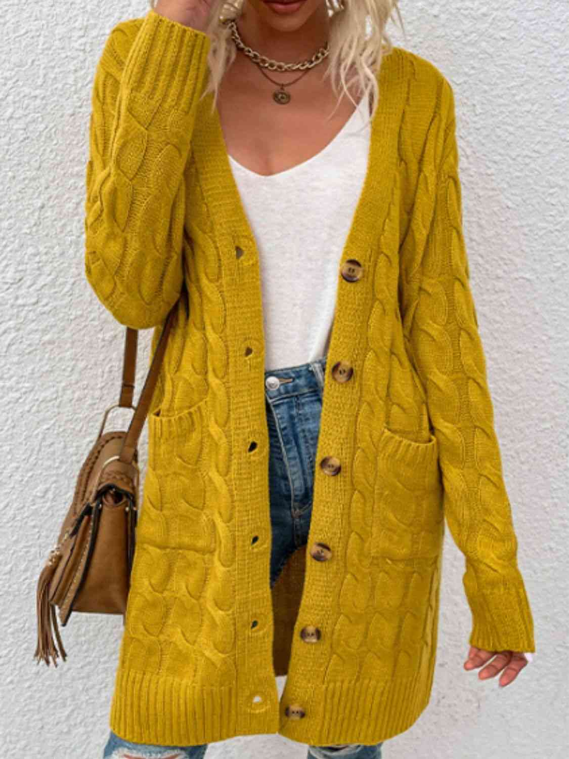 Cable-Knit Button Down Cardigan with Pockets - Blue Verve Boutique