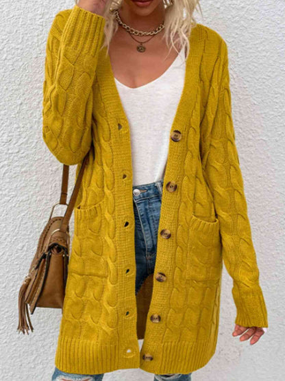 Cable-Knit Button Down Cardigan with Pockets - Blue Verve Boutique