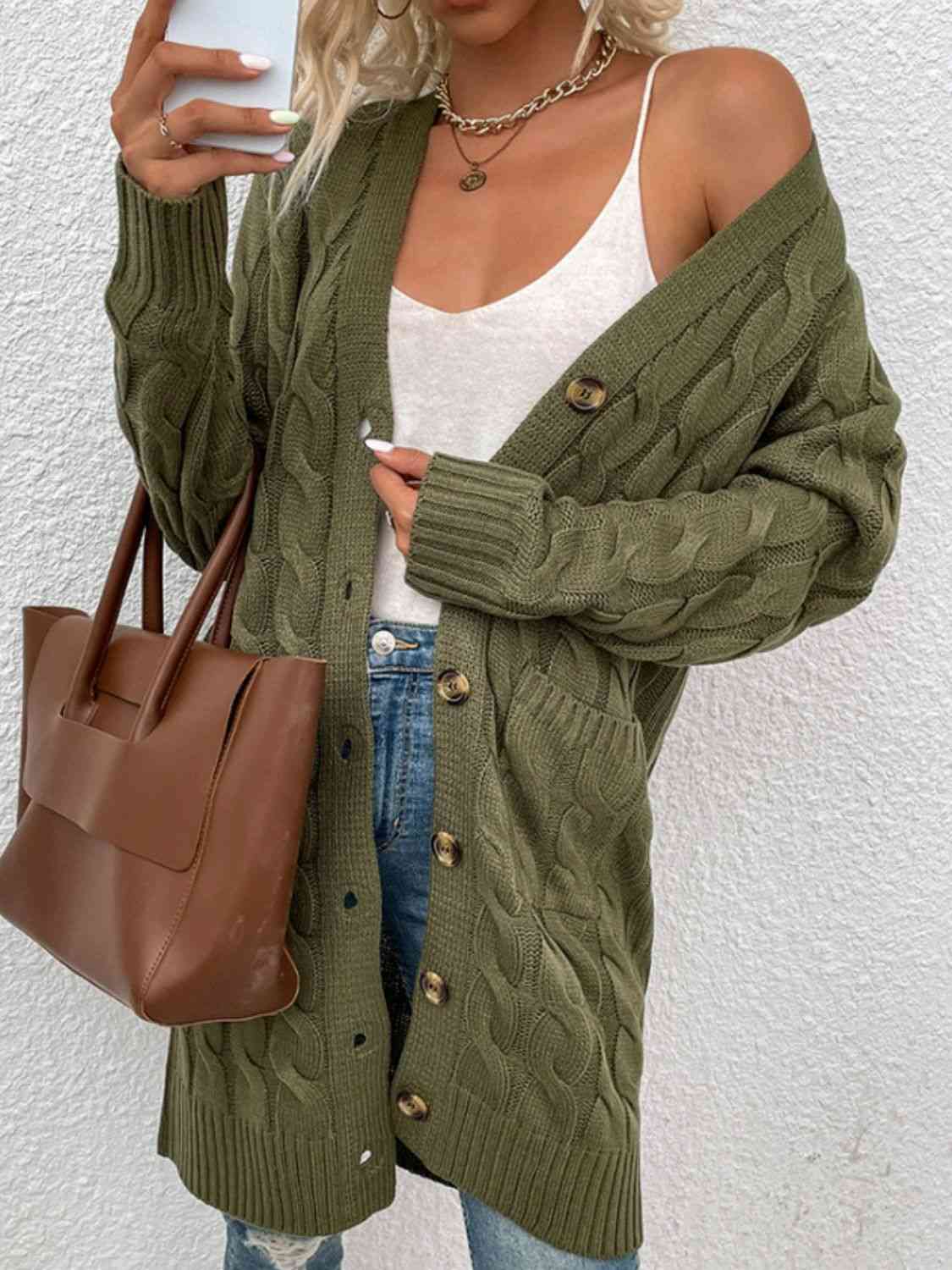 Cable-Knit Button Down Cardigan with Pockets - Blue Verve Boutique