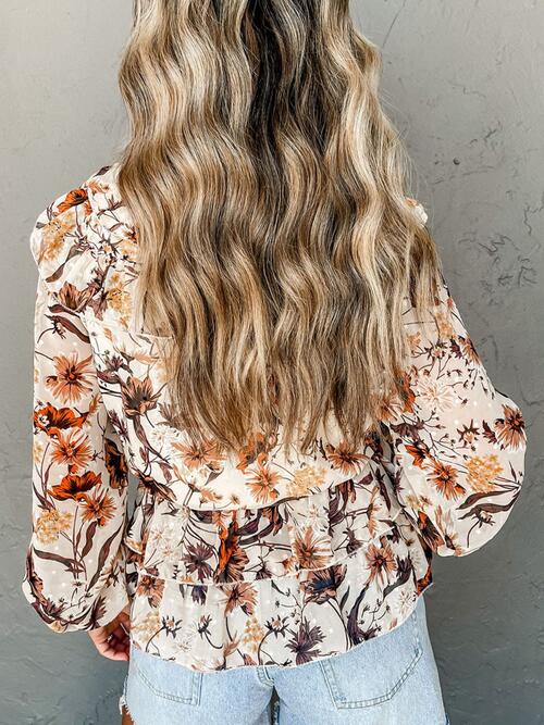 Drawstring Floral Lantern Sleeve Blouse - Blue Verve Boutique