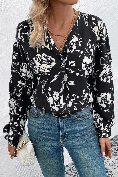 Floral Collared Neck Long Sleeve Top - Blue Verve Boutique