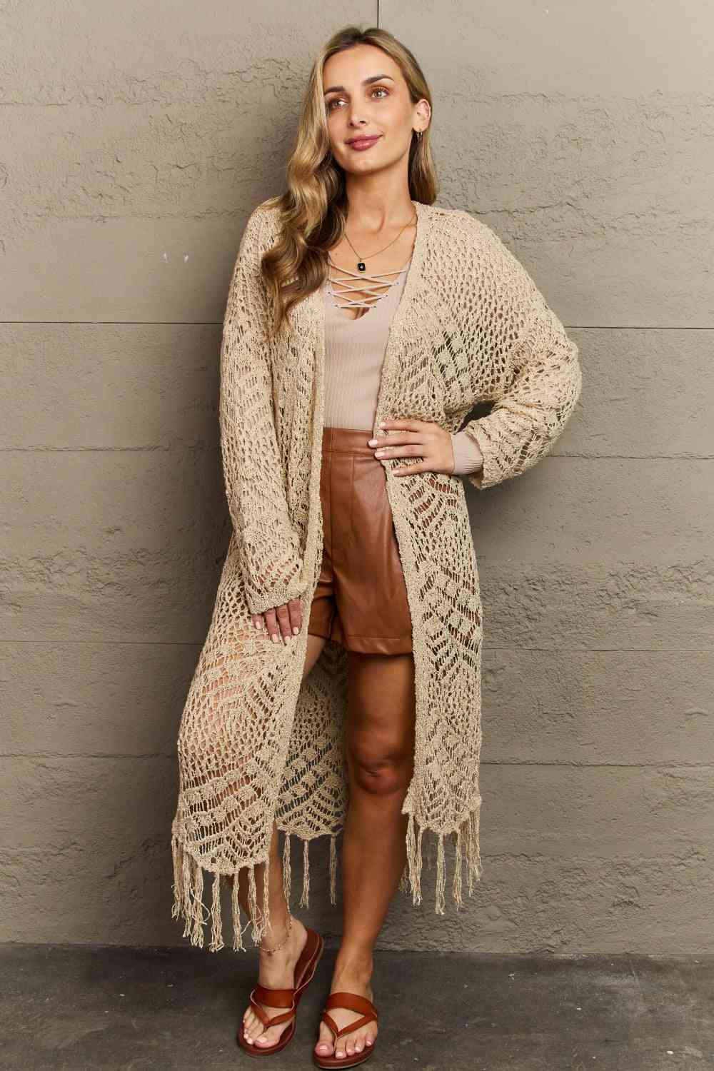 HEYSON Boho Chic Full Size Western Knit Fringe Cardigan - Blue Verve Boutique