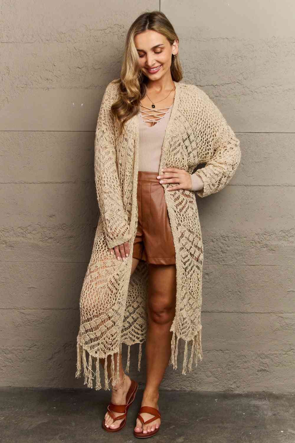 HEYSON Boho Chic Full Size Western Knit Fringe Cardigan - Blue Verve Boutique