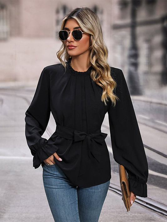 Round Neck Tie Waist Long Sleeve Blouse - Blue Verve Boutique