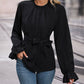Round Neck Tie Waist Long Sleeve Blouse - Blue Verve Boutique