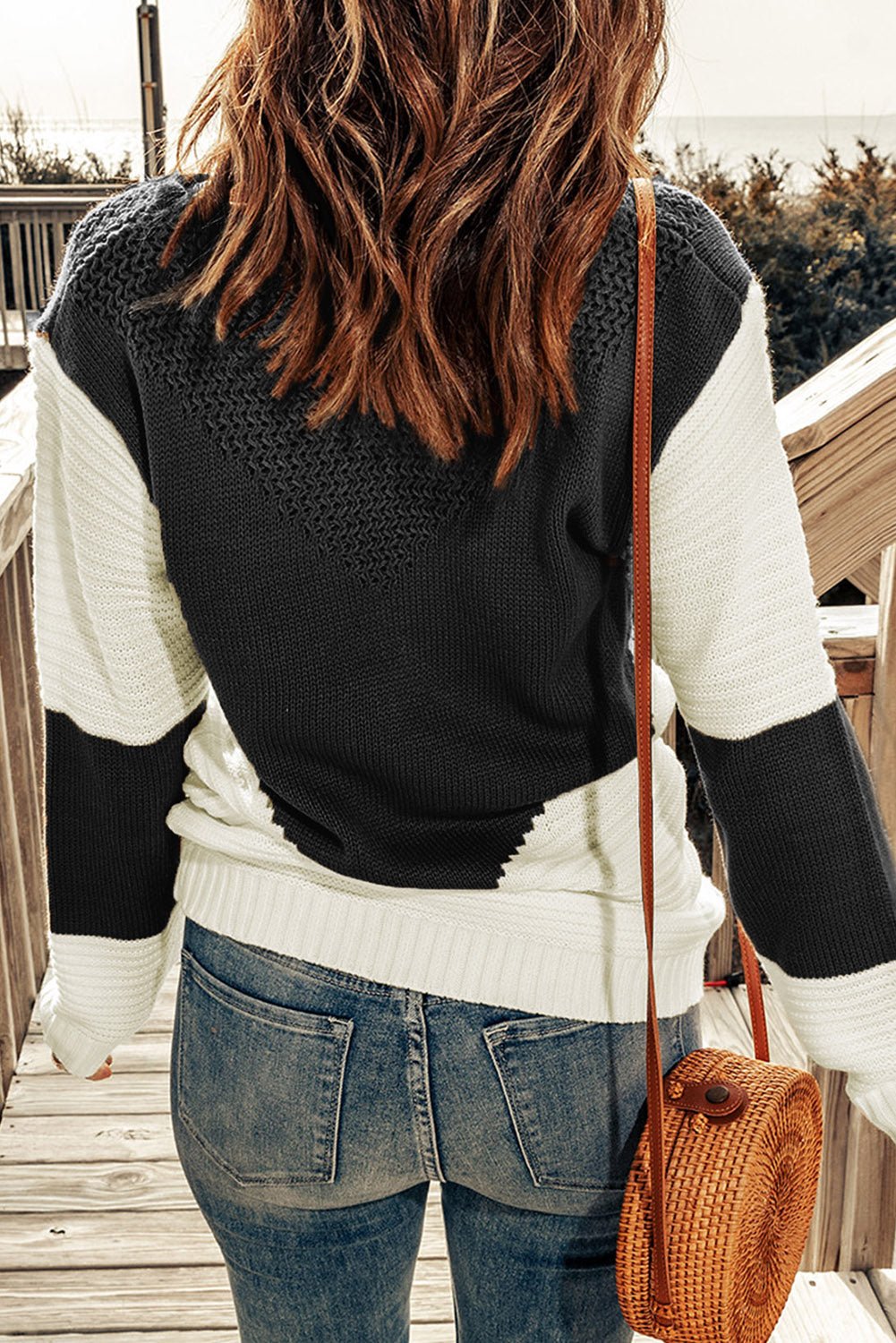 Two-Tone Openwork Rib-Knit Sweater - Blue Verve Boutique