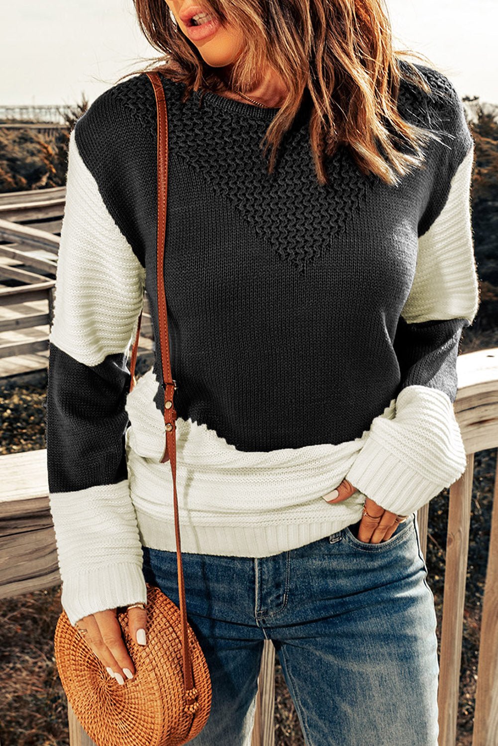 Two-Tone Openwork Rib-Knit Sweater - Blue Verve Boutique