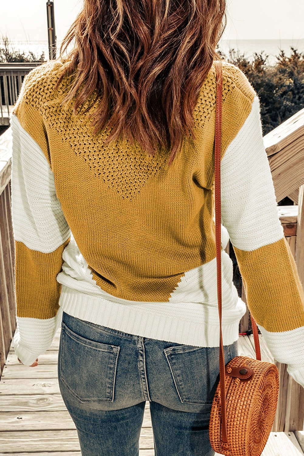 Two-Tone Openwork Rib-Knit Sweater - Blue Verve Boutique